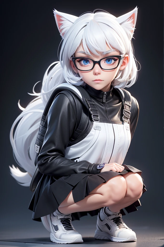 Create a character description of a  ,who is a mix of humans and cats, 140 cm tall, 13 years old, short white hair, glasses, blue eyes, black bracelet accessories on her hands, wearing a white  with a short black skirt, black shoes, carrying a black backpack, various poses and facial expressions, (full body), squatting, tight panties