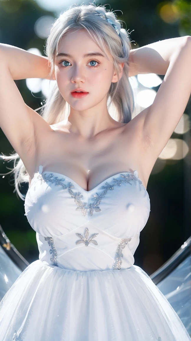 Georgeous, Beautiful, Cute, Baby Face, 18 Years Old, White Skin, Cleavage, ((Large Colossal Breast:1.3)), Sleeveless, Off Shoulder, Strapless, ((Transparent:1.3)), ((White Long Lolita Dress)), (Embroidery), Posing, ((Silver Hair)), ((Bright Blue Eye)), ((Muscles:1.2)), ((Bokeh:1.3)), Animal Farmer Background, Masterpiece, Twintails, Arms Up