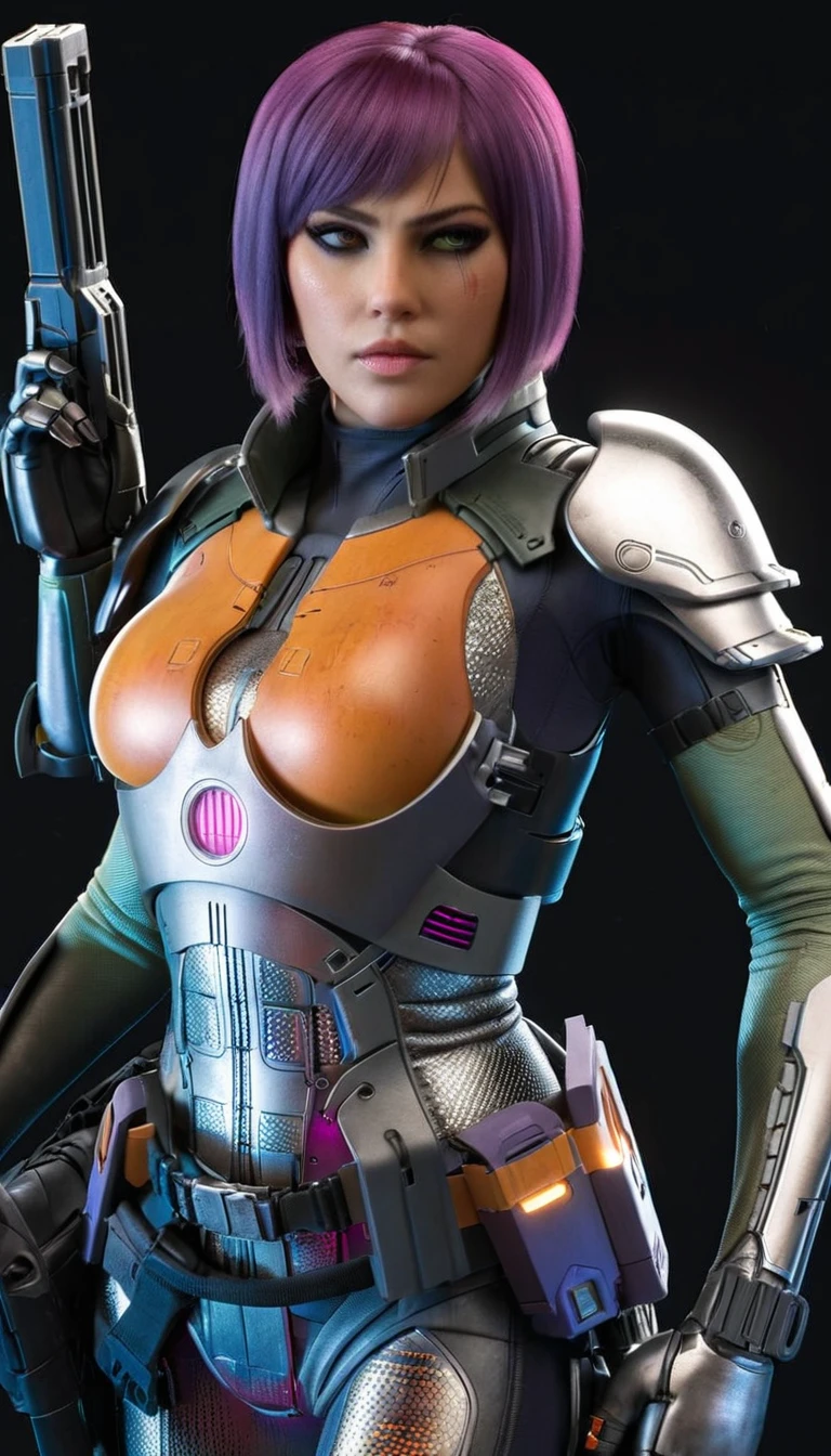 professional 3d model Cinematic scene, sabine wren, SILVER armor (HUGE BREASTS), Ghost in the Shell, detailed background, masterpiece, best quality, high quality, highres, absurdres . octane render, highly detailed, volumetric, dramatic lighting
