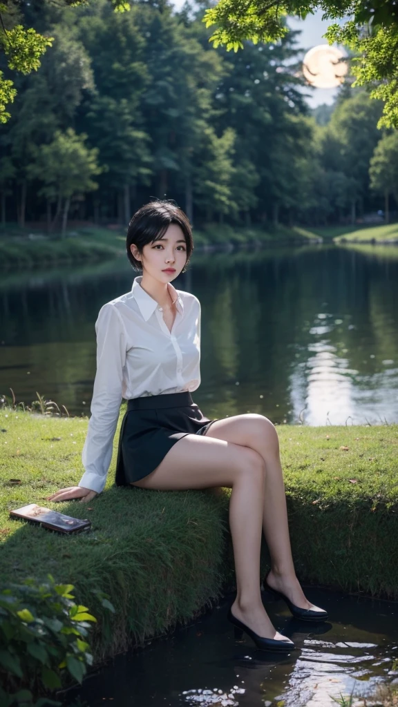 ((Best quality))((realistic))((full body))((face detail))A girl. Short black hair . Short skirt. Forest . Dark . Night. Moon shading . lake . Sit down