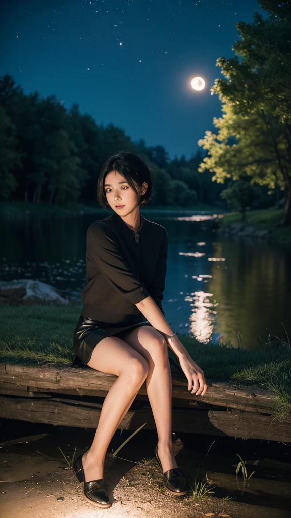 ((Best quality))((realistic))((full body))((face detail))A girl. Short black hair . Short skirt. Forest . Dark . Night. Moon shading . lake . Sit down