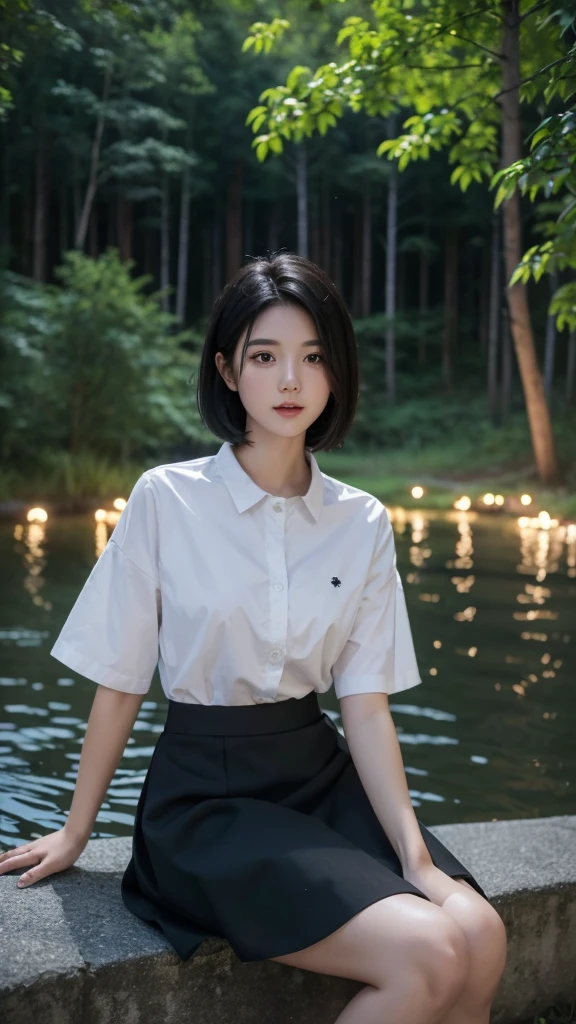 ((Best quality))((realistic))((full body))((face detail))A girl. Short black hair . Short skirt. Forest . Dark . Night. Moon shading . lake . Sit down