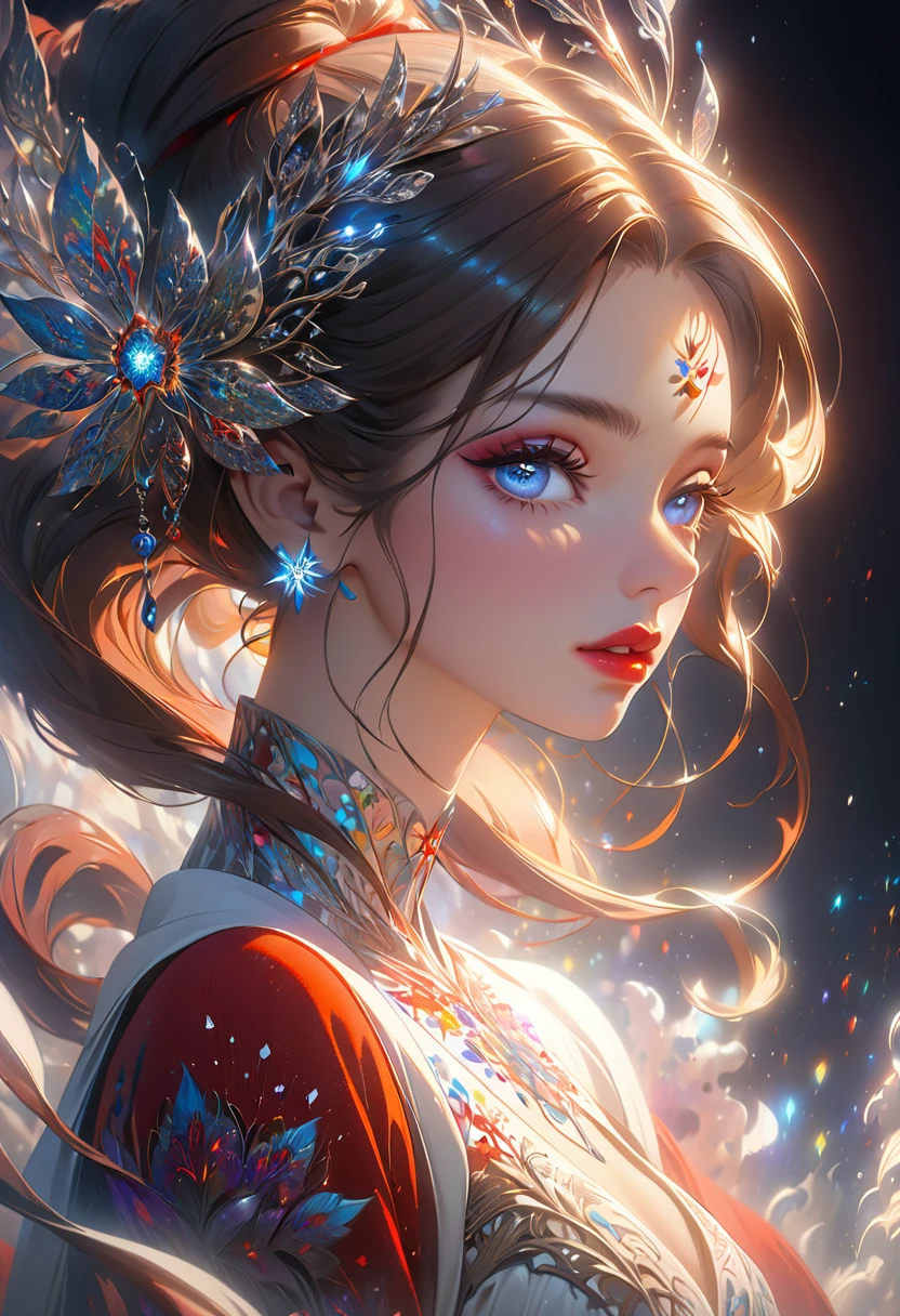 a beautiful girl, extremely detailed, highly detailed, intricate fractal art, 1girl, beautiful stars eyes, beautiful detailed lips, extremely detailed eyes and face, long eyelashes, Elegant Pose, cinematic lighting, Volumetric fog, dramatic colors, vibrant and vivid, photorealistic, 8K, best quality, masterpiece, official artwork, beautiful and aesthetic，Half-length portrait