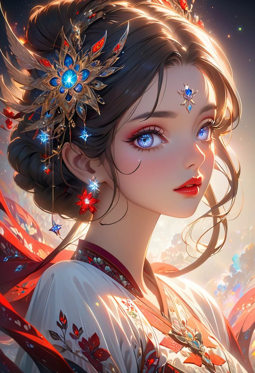 a beautiful girl, extremely detailed, highly detailed, intricate fractal art, 1girl, beautiful stars eyes, beautiful detailed lips, extremely detailed eyes and face, long eyelashes, Elegant Pose, cinematic lighting, Volumetric fog, dramatic colors, vibrant and vivid, photorealistic, 8K, best quality, masterpiece, official artwork, beautiful and aesthetic,Half-length portrait