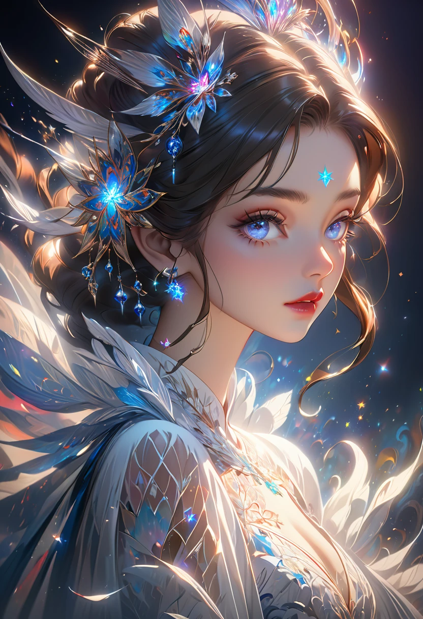 a beautiful girl, extremely detailed, highly detailed, intricate fractal art, 1girl, beautiful stars eyes, beautiful detailed lips, extremely detailed eyes and face, long eyelashes, Elegant Pose, cinematic lighting, Volumetric fog, dramatic colors, vibrant and vivid, photorealistic, 8K, best quality, masterpiece, official artwork, beautiful and aesthetic，Half-length portrait