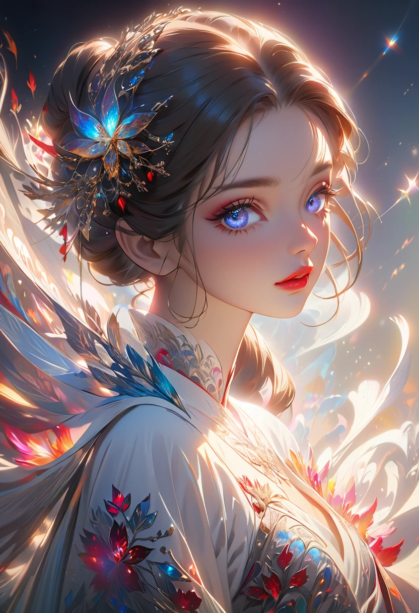 a beautiful girl, extremely detailed, highly detailed, intricate fractal art, 1girl, beautiful stars eyes, beautiful detailed lips, extremely detailed eyes and face, long eyelashes, Elegant Pose, cinematic lighting, Volumetric fog, dramatic colors, vibrant and vivid, photorealistic, 8K, best quality, masterpiece, official artwork, beautiful and aesthetic，Half-length portrait