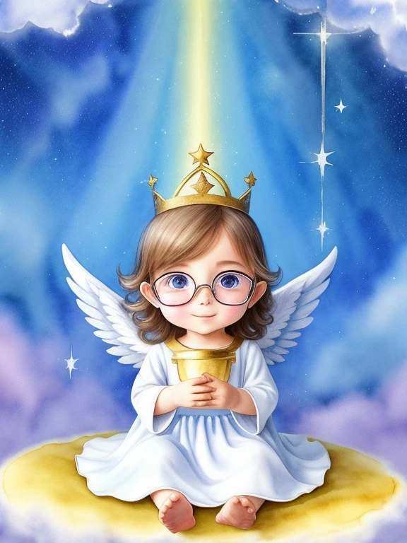 chibi、beard, Glasses, Watercolor、Children's Angel、Image of sitting on a soft cloud。The background is a clear blue sky、A rainbow is hanging。Around the angel、Sparkling particles of light and tiny stars are dancing。The angel costume、White gown and little gold crown。A gentle smile appeared on his face、The angel&#39;s wings shine as they reflect the light。