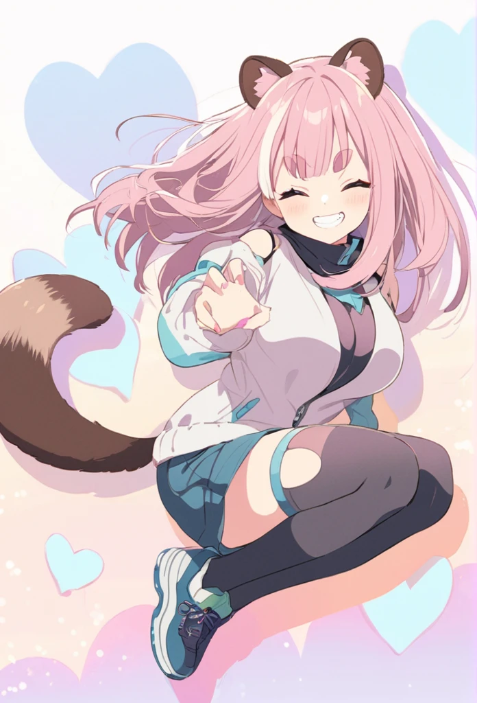 anime,(pale colors:1.8),long shot, 1girl, (on right:1.3), full body, solo, grin, smile, closed eyes, dynamic angle, jumping high, paw pose, fang, pink hair, long hair, straight hair, racoon ears, racoon tail, (brown streaked hair:1.3), side braid, (blunt bangs) ,thick eyebrows, big breast, off shoulder clothes, cutout, heart background, shadow,
