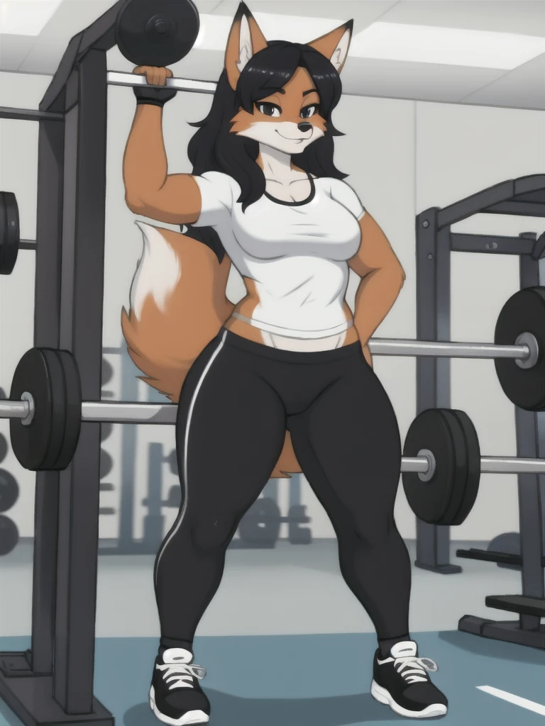 Furry, fox, female, white shirt, black leggings, shoes, gym, teen, standing, full body
