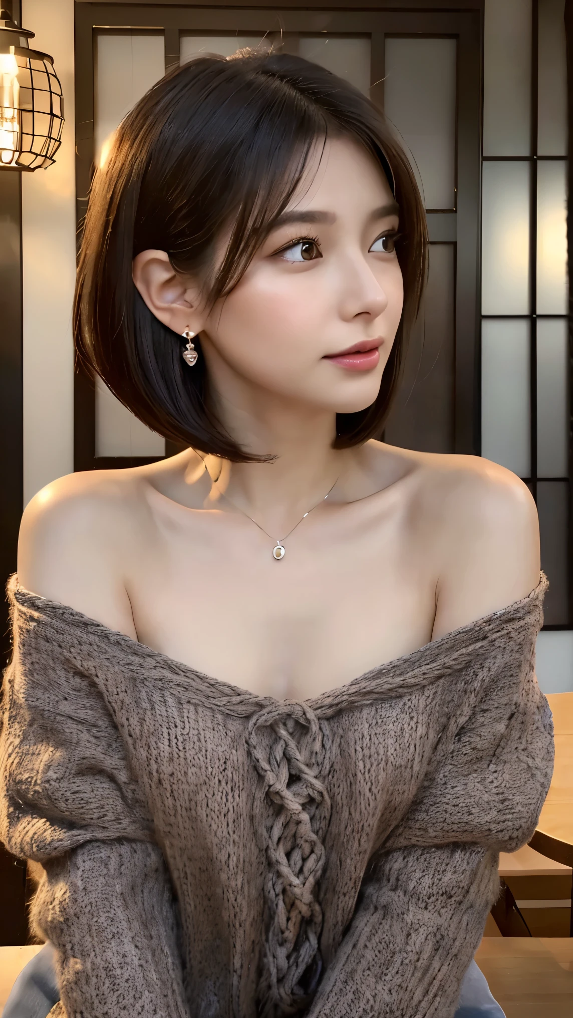 (ultra high resolution:1.5)(Super detailed:1.3) (super high quality) (super high quality:1.5) (realistic pictures:1.3) japanese woman　19 years old　((Detailed and beautiful facial features:1.3)) ((realistic skin texture:1.say exactly, high quality eye:1.3)) ((The beauty of detailed and high-quality ears:1.3)) ((Beautiful skin that is very fair and transparent:1.3)) ((Beautifully groomed straight short bob hair:1.3))complete body　beautiful proportions　(Trend Fashion) (Off-shoulder navy blue knit made of rough rope)  The background is the inside of a cafe at dusk.　beautiful depiction, Luxurious and stylish interior　((happy viewers&#39;eye)) wet half-open lips　 Feminine, soft and gentle shoulders　big breasts　Not sure　((cute)) (stunning high resolution images) Girls are very interested in men&#39;s bodies&#39;body of