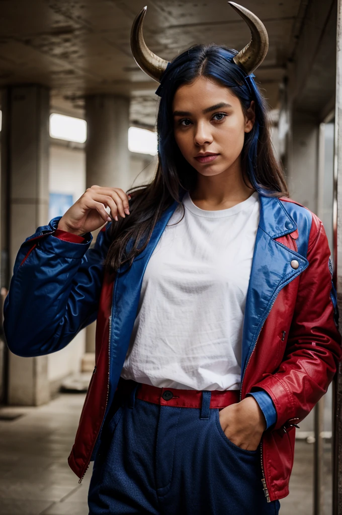 People with blue horns wear red jackets and blue trousers