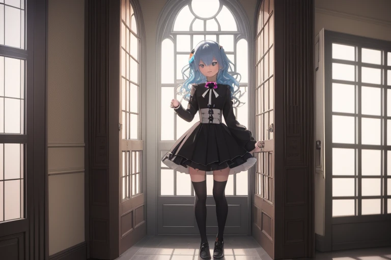 high resolution,high quality,Perfect body,School corridor,Light coming through the window,One Boy,Cute boy,Short,Cross-dressed boy,Gothic Lolita,Black Costume,Wavy Hair,Light blue hair,Orange Eyes,Smiling faintly,Pale pink rouge