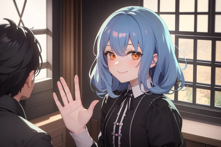 high resolution,high quality,Perfect body,School corridor,Light coming through the window,One Boy,Cute boy,Short,Cross-dressed boy,Gothic Lolita,Black Costume,Wavy Hair,Light blue hair,Orange Eyes,Smiling faintly,Pale pink rouge