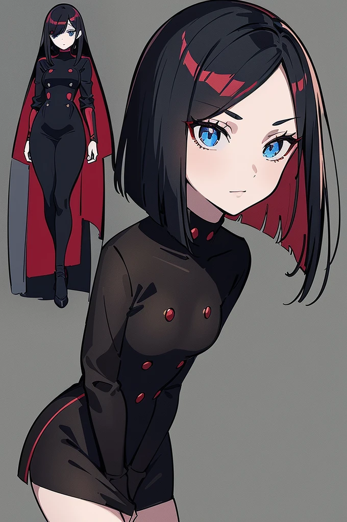 a beautiful girl with long red hair wearing a black dress, detailed facial features, bob haircut, full body illustration, woman wearing a long black and red coat, solo character, white background, anime style, highly detailed, photorealistic, 8k, best quality, masterpiece, blue eyes, short hair