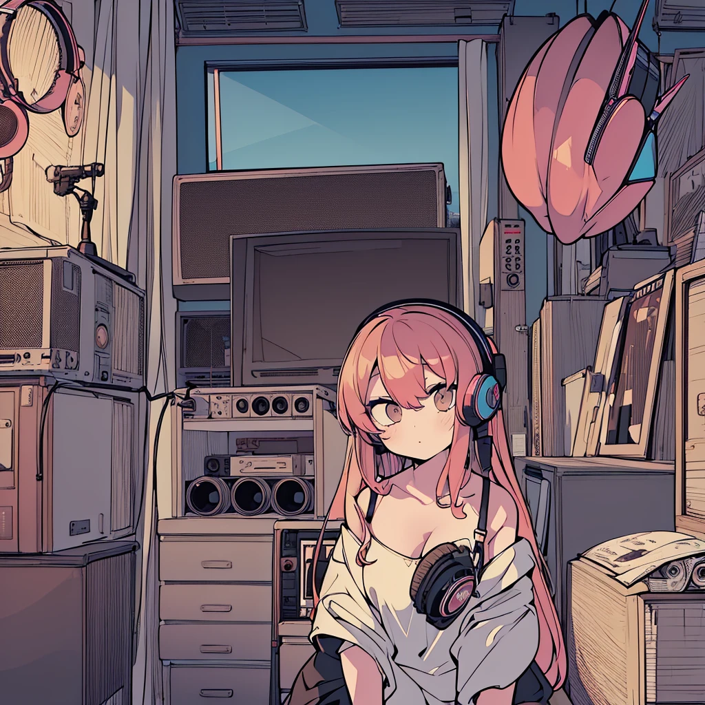 Best quality, (masterpiece:1.2), best detail face,1 girl, big breasts, 18 yo, 8k,absurdres,unity 8k wall paper,(extremely detailed:1.3), highest realistic, (retro headphones:1.1), Her room full of music equipment and records, Light clothing in summer, See the whole room, natural color palette, The weather outside can be seen from her room window.