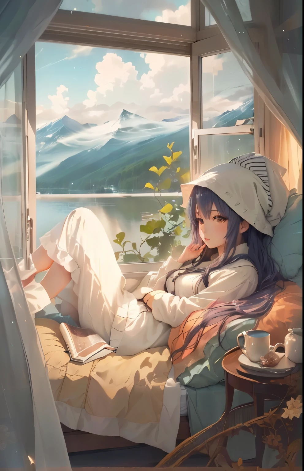 Anime atmosphere, Relaxed atmosphere,Bed by the window,There is a lake outside the window,high resolution,high quality,High Detail,high noise,Fine details,8K,Describe every detail,High-definition quality