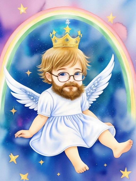 chibi、beard, Glasses, Watercolor、Children's Angel、Image of sitting on a soft cloud。The background is a clear blue sky、A rainbow is hanging。Around the angel、Sparkling particles of light and tiny stars are dancing。The angel costume、White gown and little gold crown。A gentle smile appeared on his face、The angel&#39;s wings shine as they reflect the light。