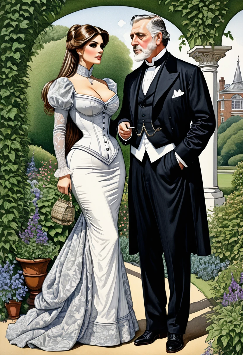 Victorian garden, Rapunzel-haired woman in the form of Lucy Pinder, curvaceous, hourglass silhouette, converses confidentially with an older male vicar in a tailored period suit, both clad in ornate Victorian garments, frilly dress draping elegantly, Charles Dana Gibson finesse, Punch magazine 1900 style, lively illustration, intricate linework, hatched shading, capturing textures of fabric and foliage, flirtatious undertones, detailed textures, pen and ink, coloured drawing pencil drawing