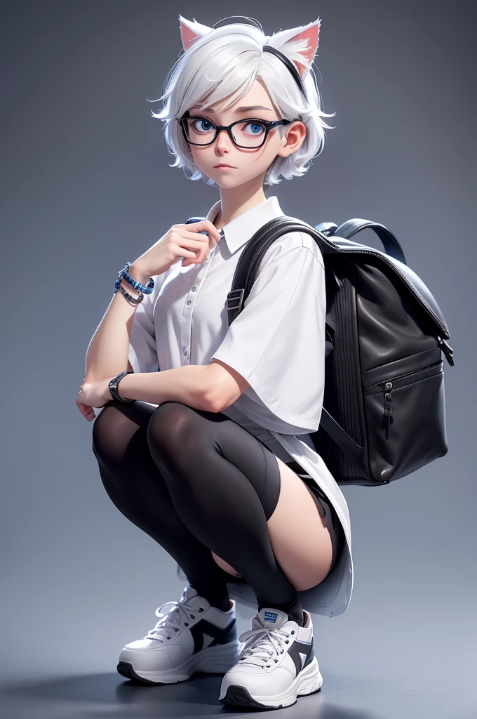 Create a character description of a ,who is a mix of humans and cats, 140 cm tall, , short white hair, glasses, blue eyes, black bracelet accessories on her hands, wearing a white with a short black skirt, black shoes, carrying a black backpack, various poses and facial expressions, (full body), squatting, tight panties