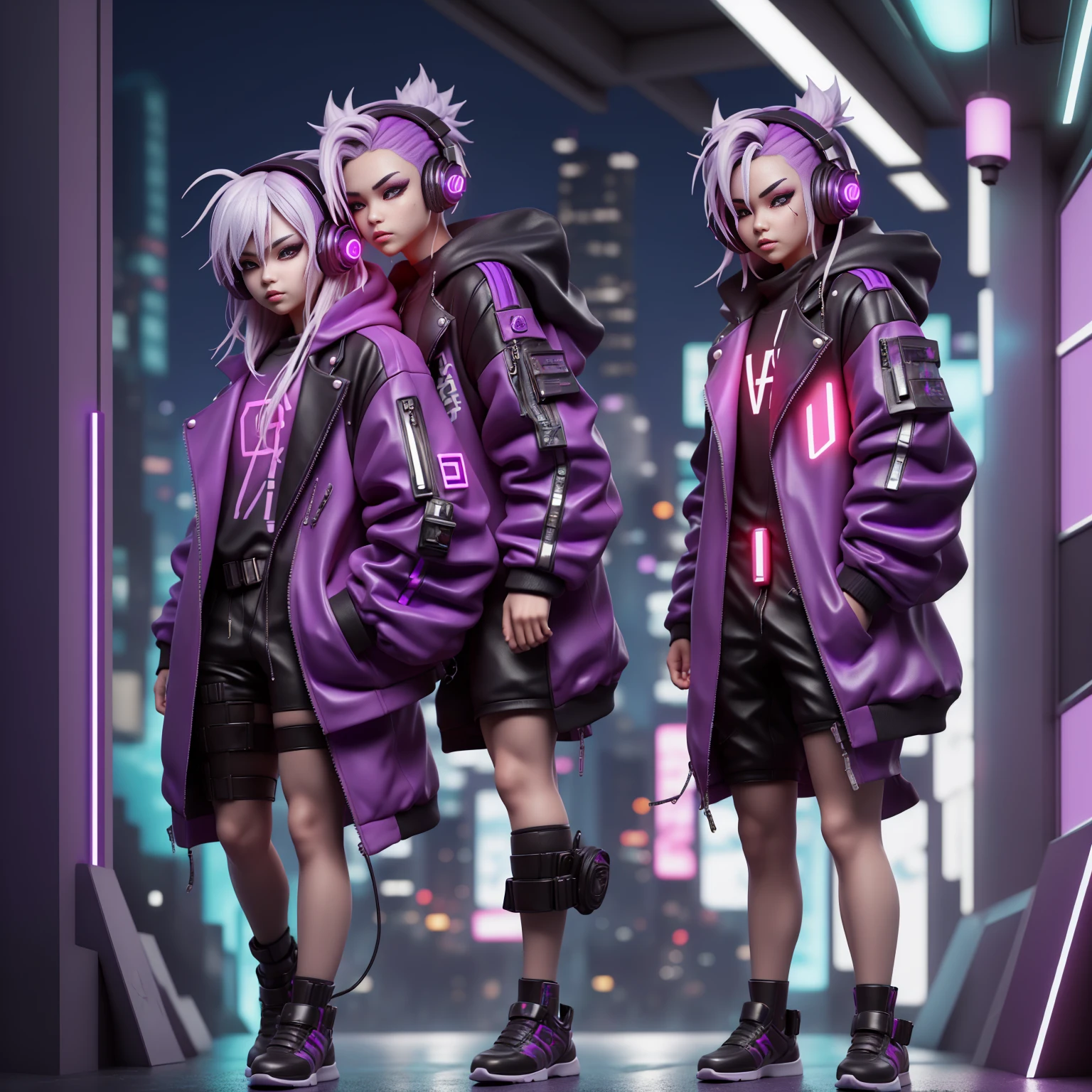 “Create a chibi-style character with a cyberpunk theme. male. The character should be wearing a black and purple jacket, white hair, futuristic headphones. electric design, They should also be holding a high-tech gun. The background should be dark and minimalistic to emphasize the character’s design. The overall color scheme should be black and purple, with glowing elements to enhance the cyberpunk aesthetic.”