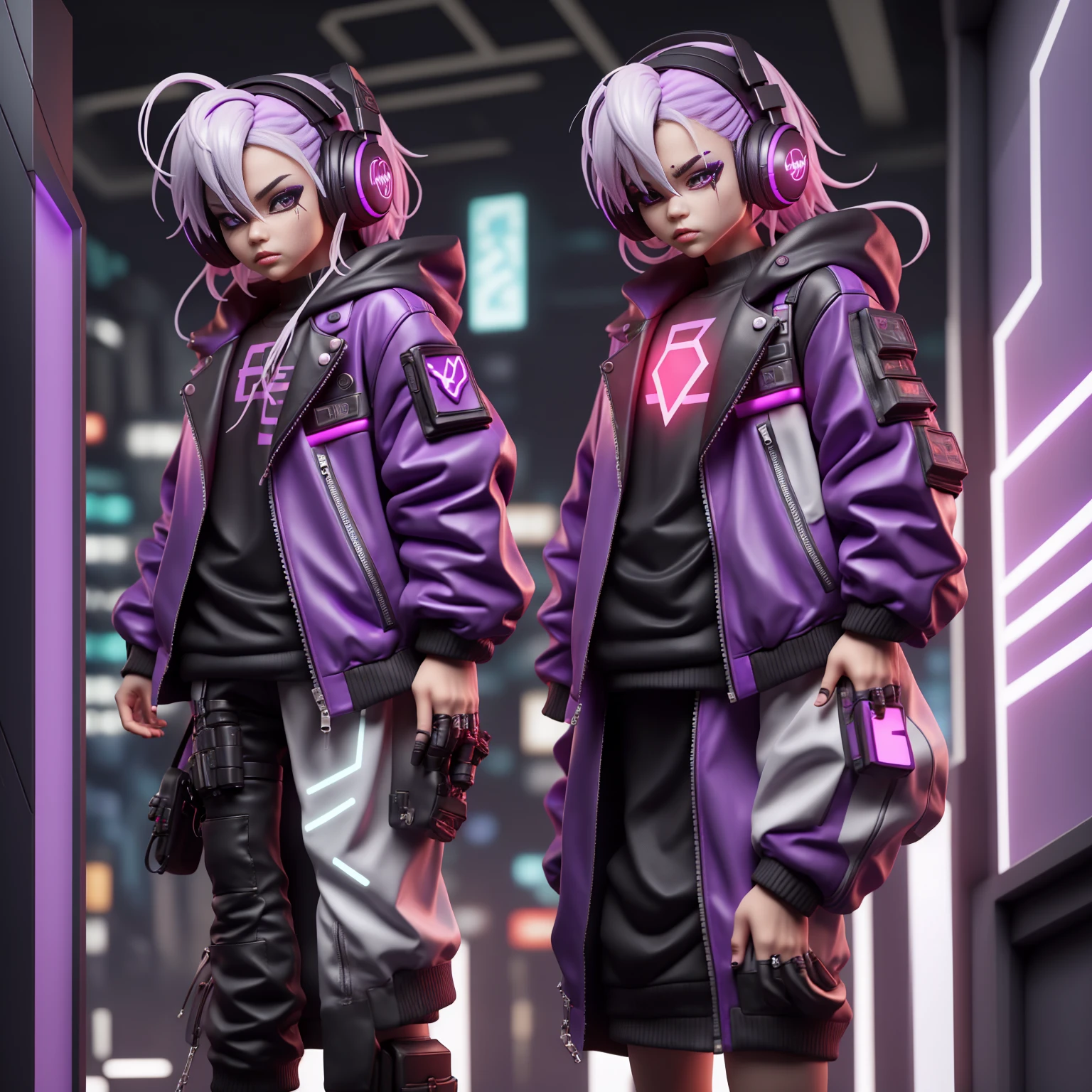 “Create a chibi-style character with a cyberpunk theme. male. The character should be wearing a black and purple jacket, white hair, futuristic headphones. electric design, They should also be holding a high-tech gun. The background should be dark and minimalistic to emphasize the character’s design. The overall color scheme should be black and purple, with glowing elements to enhance the cyberpunk aesthetic.”