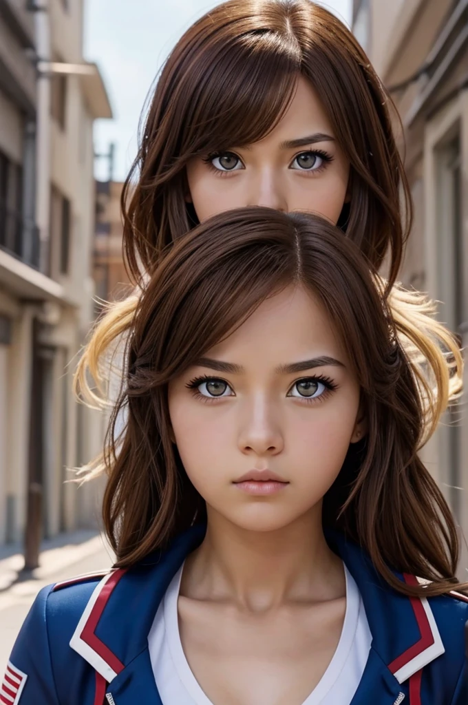 Screenshot of my hero academia.beautiful girl, brown hair,wide,red almond eyes,serious look,looking to the camera.