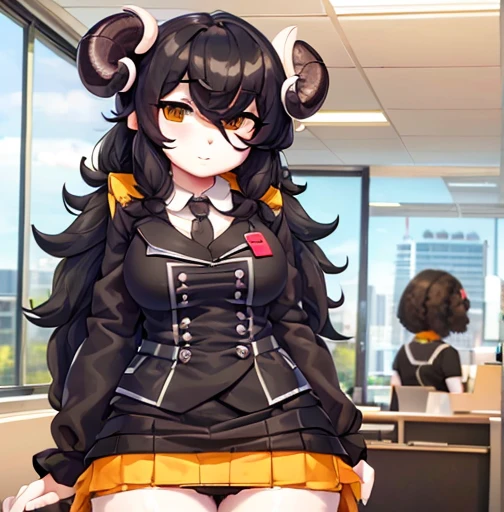 (detailed), (((chica SHEEP))), (((SHEEP))), (((black wavy hair))), ((Skirt)), (((office worker suit))), (White skin), (sfw)