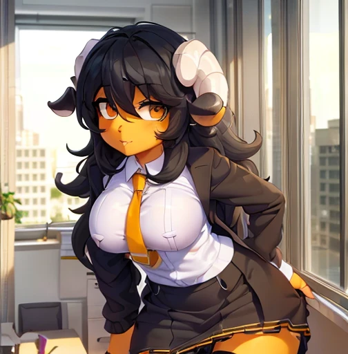 (detailed), (((chica SHEEP))), (((SHEEP))), (((black wavy hair))), ((Skirt)), (((office worker suit))), (White skin), (sfw)