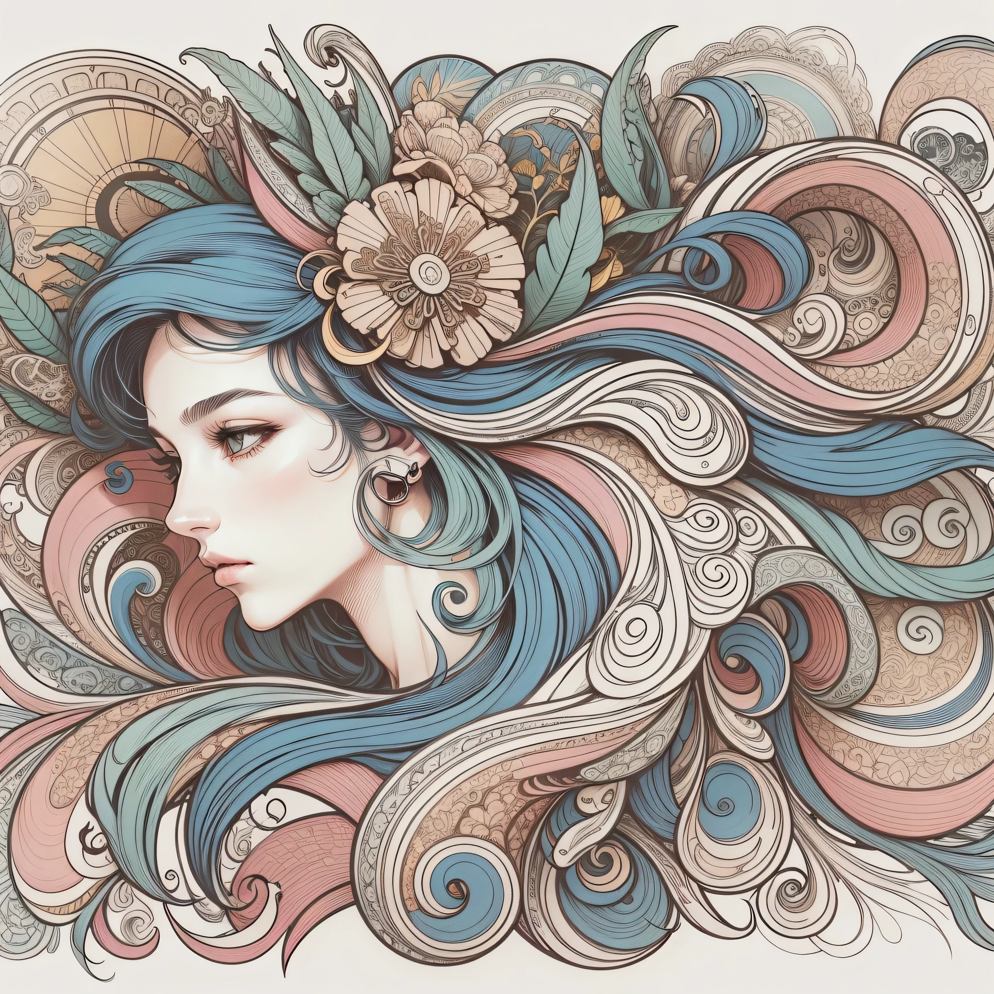 Genshin, light hair, tarot card art, white background, line art, clean line art, Nature-themed coloring mandala, simple and clean line art, coloring book page, adorned in Art Nouveau style, Alfons Mucha, perfect intricate details, realistic.