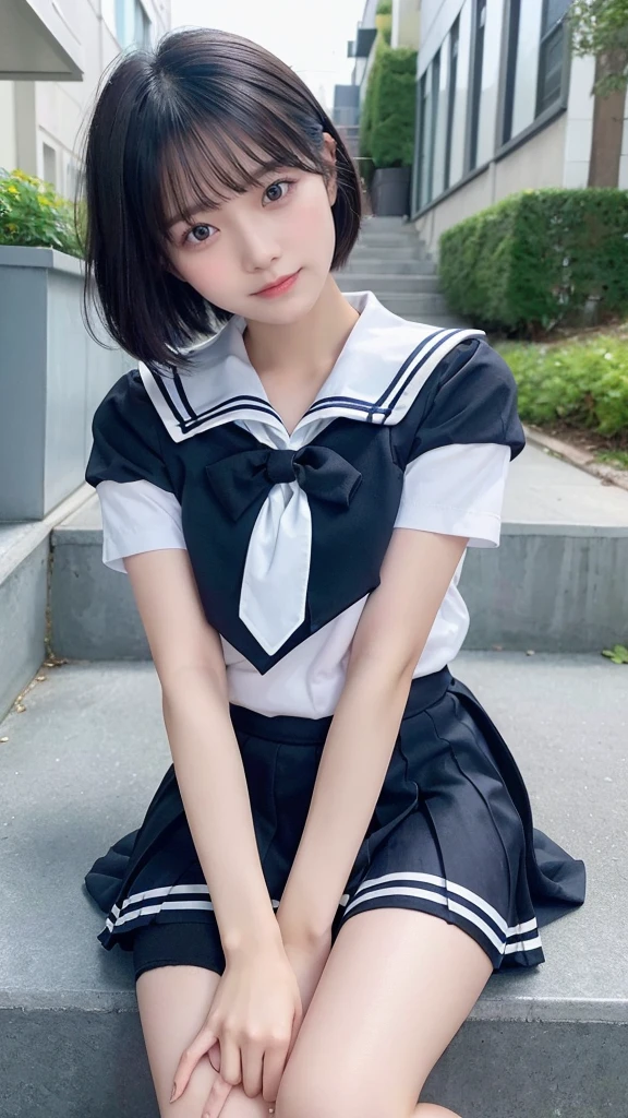 Black Hair、(School-designated sailor uniform:1.3)、short hair、hair accessory、Laugh a little、See-through、High-quality panties available、(Highest quality,masterpiece:1.3,Ultra-high resolution,),(Ultra-detailed,Caustics),(Photorealistic:1.4,RAW shooting,)Ultra-Realistic Capture,Very detailed,High resolution 16K human skin closeup。 The skin texture is natural、Detailed face and eyes、(Knee Up:1.3)、Sit on the stairy hair sways in the wind、Seductive pose、Inner thighs、Spread your legs、Showing panties、Pull up your skirt、Hands on the head、Short sleeve、