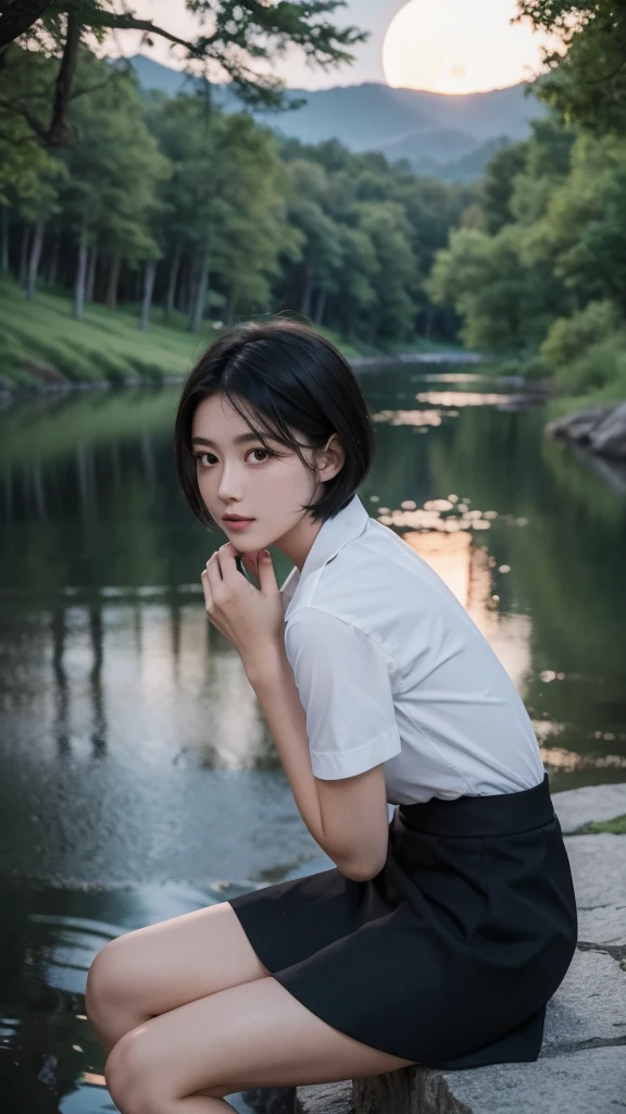((Best quality))((realistic))((full body))((face detail))A girl. Short black hair . Short skirt. Forest . Night. Moon shading . lake . Sit down .