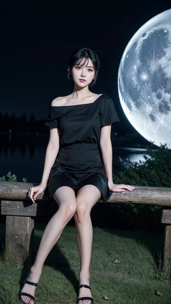 ((Best quality))((realistic))((full body))((face detail))A girl. Short black hair . Short skirt. Forest . Night.  Moon shading . lake . Sit down . 