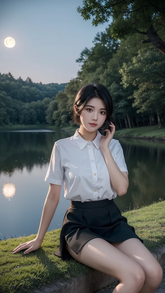 ((Best quality))((realistic))((full body))((face detail))A girl. Short black hair . Short skirt. Forest . Night. Moon shading . lake . Sit down .
