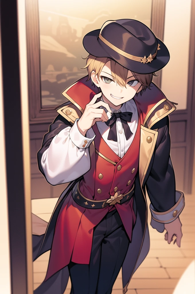 masterpiece, best quality, 1boy, solo, young, smug smirk, inside study, dressed like noble boy, hat, holding money or coins
