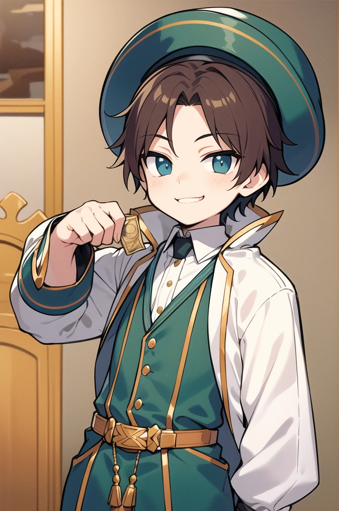 masterpiece, best quality, 1boy, solo, young, smug smirk, inside study, dressed like noble boy, hat, holding money or coins