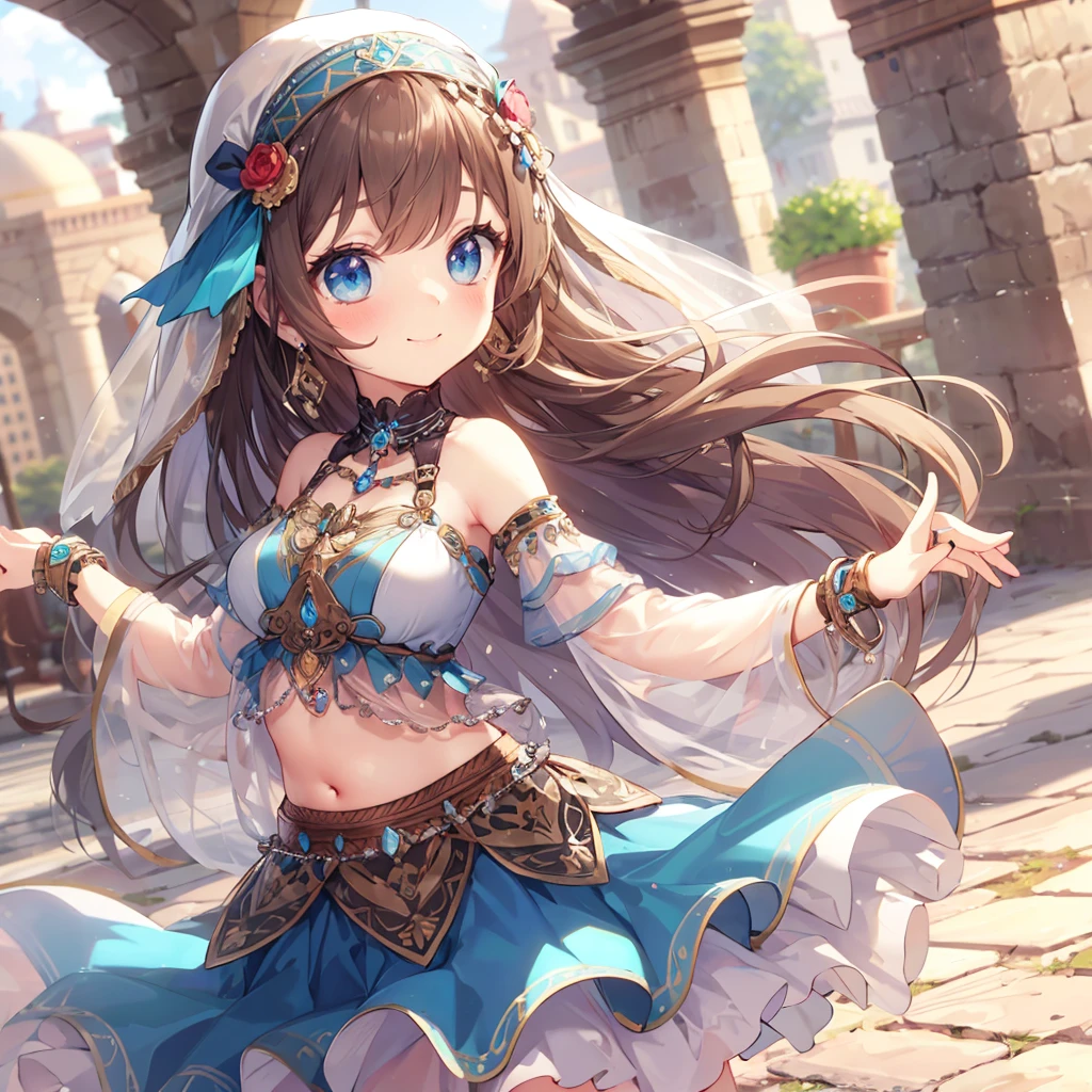 high quality, ultra detailed, best quality, insanely detailed, beautiful, masterpiece, 1girl, medieval plaza, blue eyes, long hair, brown hair, belly dancer, veil, earrings, bracelets, bashful smile, large breasts, soft stomach