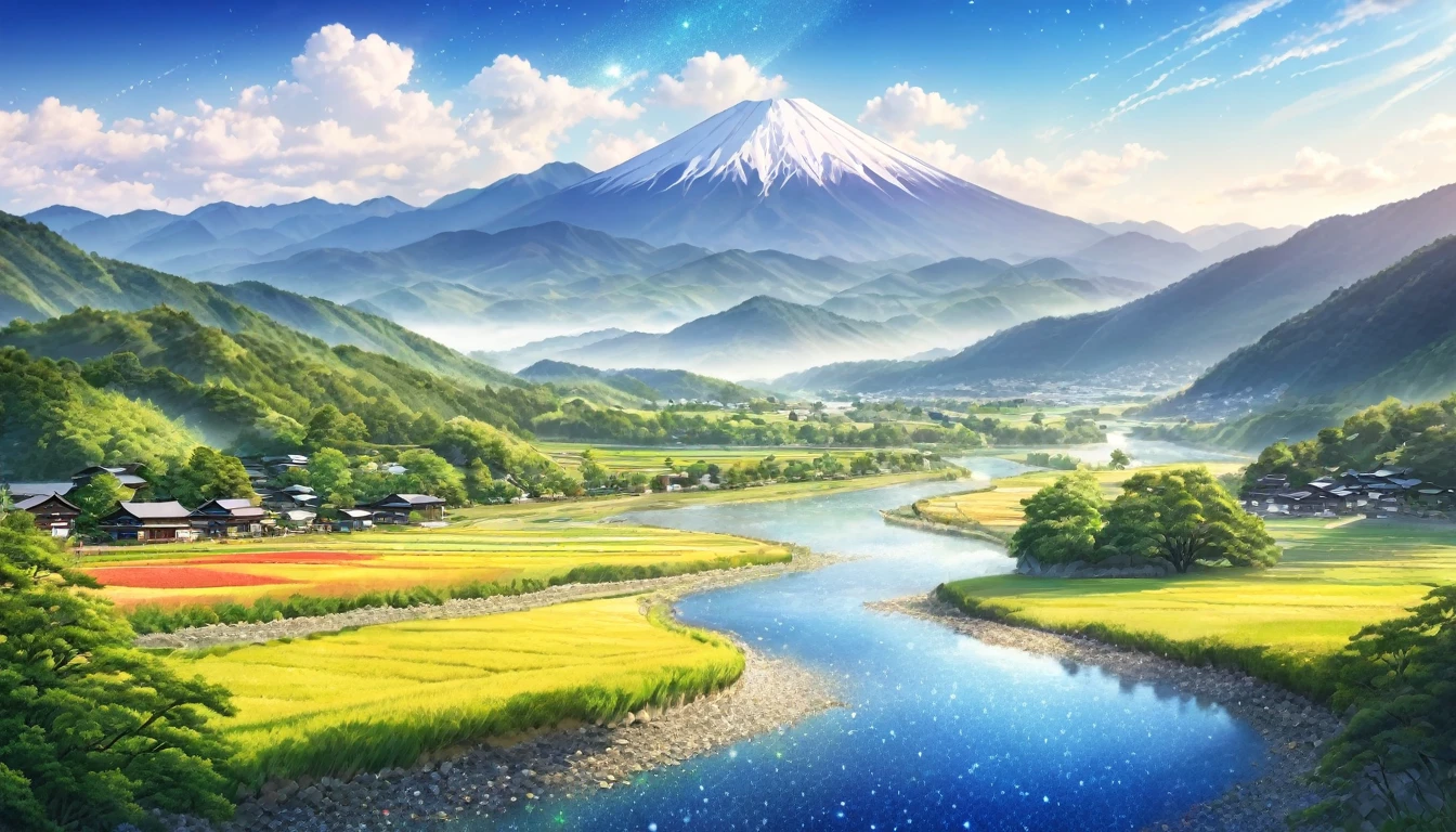 Japanese countryside,Beautiful Japan,Mountains and Rivers,Summer sky,Blur the background,Glitter effect,Highest quality, 8K, High resolution, masterpiece:1.2, Very detailed, Realistic:1.37, High resolution, 超High resolution, Ultra-fine painting, Very detailed, Professional, Vibrant colors