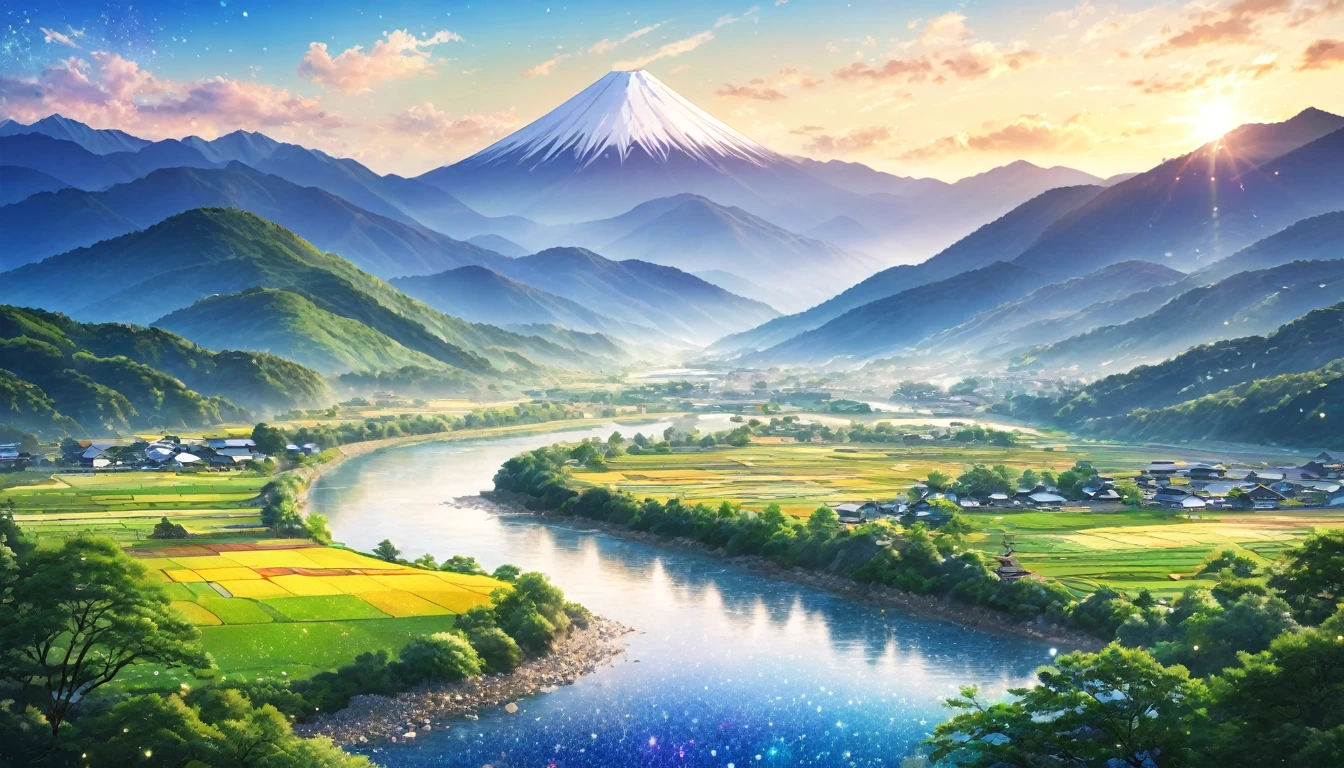 Japanese countryside,Beautiful Japan,Mountains and Rivers,Summer sky,Blur the background,Glitter effect,Highest quality, 8K, High resolution, masterpiece:1.2, Very detailed, Realistic:1.37, High resolution, 超High resolution, Ultra-fine painting, Very detailed, Professional, Vibrant colors
