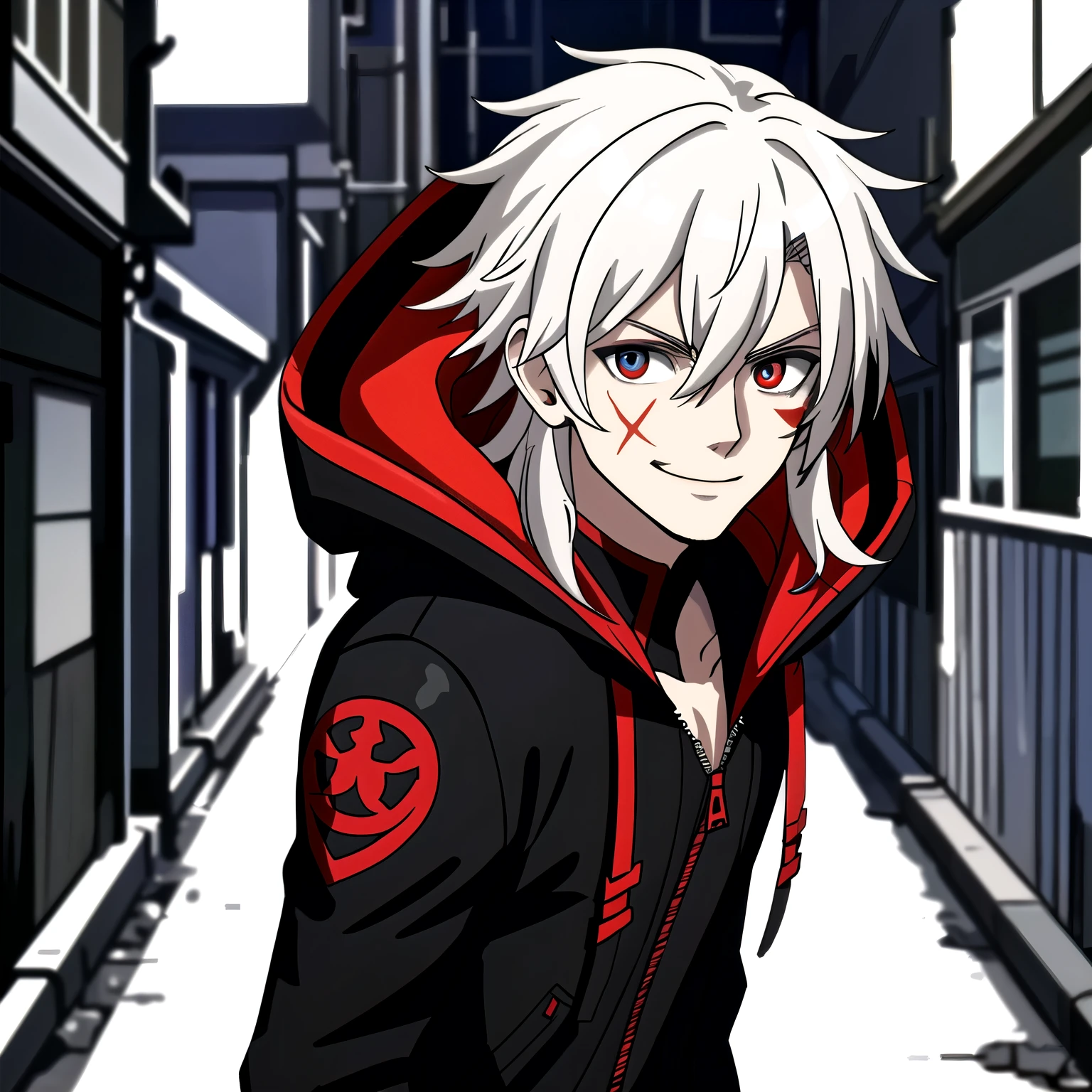 (high-quality, breathtaking),(expressive eyes, perfect face) portrait, Symmetrical Eyes, 1boy, male, teenager, solo, looking at viewer, portrait, simple background, white background, apocalyptic theme, ruined city buildings, alleyway, allen walker, red eye color, white hair, scar, facial mark, halfbody shot, long hair length, confident expression, charming, black and red jacket, hood, red trim, smirk, cyberpunk clothing, Abzu
