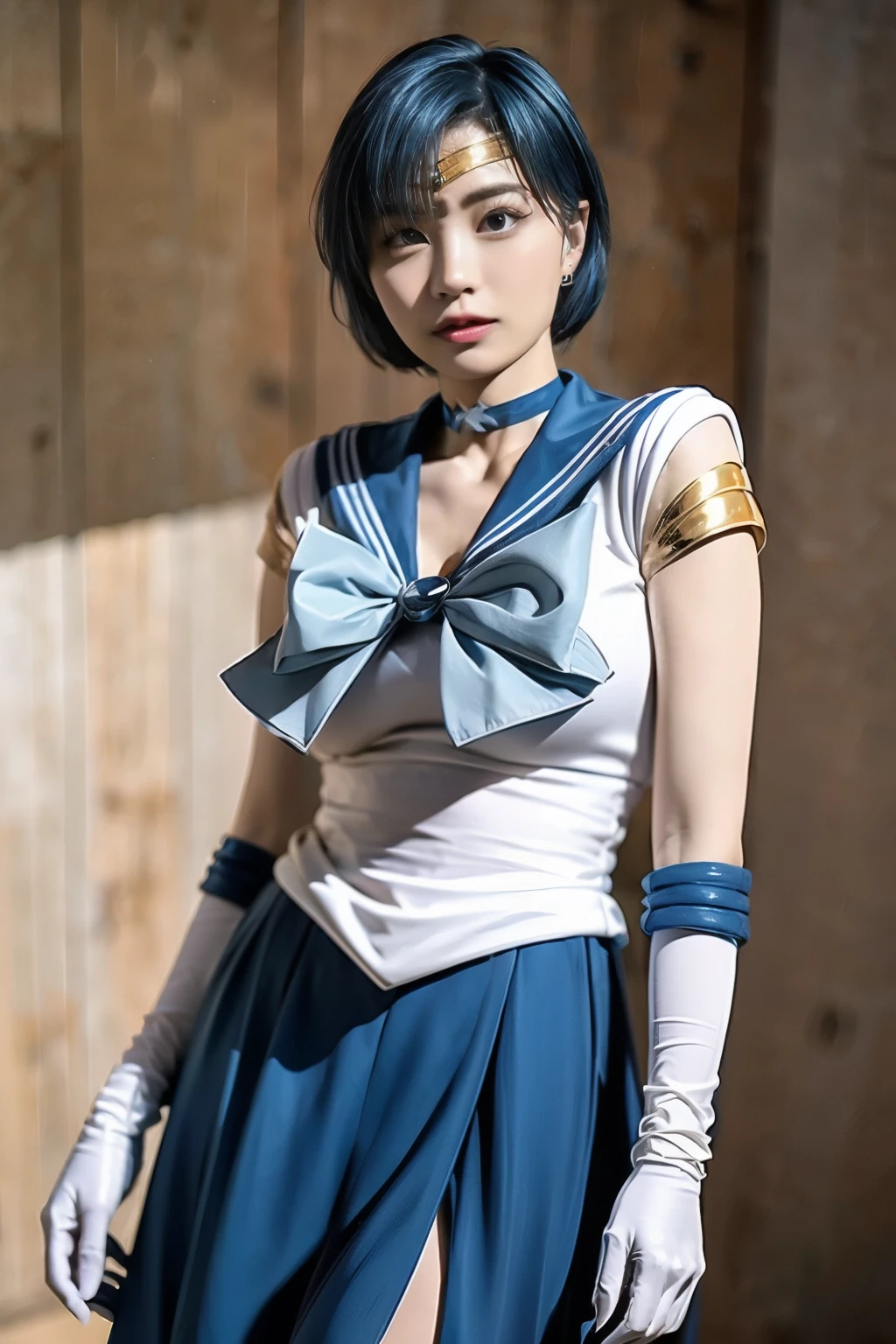 (realistic, photo-realistic:1.4), (best quality,masterpiece:1.2), RAW photo, high resolution, intricate details, extremely detailed, realistic and sharp details, cinematic lighting, portrait, solo, 1girl, sailor mercury, mer1, AmiMizuno, a Japanese female idol wearing a sailor senshi uniform, smuniform, (jewelry, circlet, crescent earrings, blue sailor collar, neck ribbon, blue knee boots, white elbow gloves, blue choker, blue skirt), (short hair, blue hair:1.5), detailed face, detailed eyes, pale skin, fine-textured skin, (perfect anatomy, prefect hands), octane rendering, goddess of water,