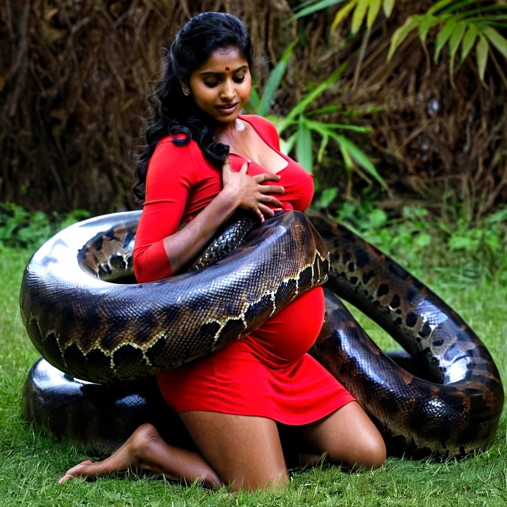 Pregnant Happy Horny, aroused 1girl), beautiful kneeling indian young teen girl with giant colossal black titanboa squeezing her hard, wrapped in thick spiraling coils, constricted, struggle, gasping for air, snake attack, snake peril, moonless night, dim light