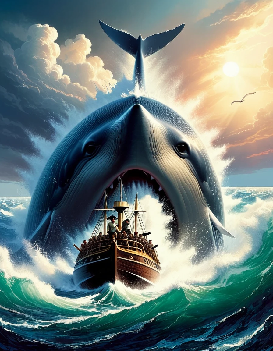 "He piled upon the whale's white hump the sum of all the general rage and hate felt by his whole race from Adam down; and then, as if his chest had been a mortar, he burst his hot heart's shell upon it."

Image Prompt: Depict the intense moment when Captain Ahab's hatred and rage culminate in his attack on Moby-Dick, capturing the emotional intensity of the scene.