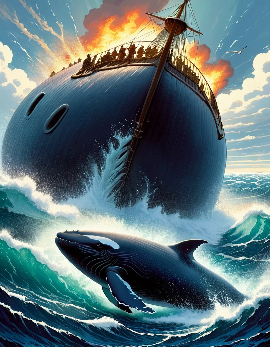 "He piled upon the whale's white hump the sum of all the general rage and hate felt by his whole race from Adam down; and then, as if his chest had been a mortar, he burst his hot heart's shell upon it."
Image Prompt: Depict the intense moment when Captain Ahab's hatred and rage culminate in his attack on Moby-Dick, capturing the emotional intensity of the scene.