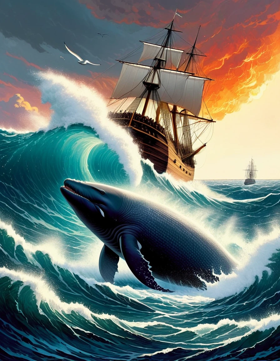 "He piled upon the whale's white hump the sum of all the general rage and hate felt by his whole race from Adam down; and then, as if his chest had been a mortar, he burst his hot heart's shell upon it."

Image Prompt: Depict the intense moment when Captain Ahab's hatred and rage culminate in his attack on Moby-Dick, capturing the emotional intensity of the scene.
