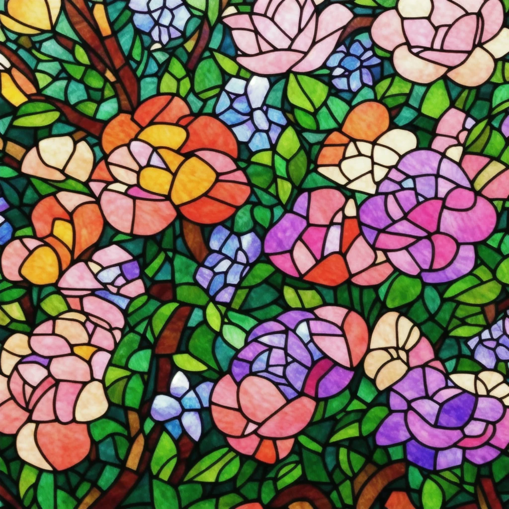 a close up of a stained glass picture of flowers, a mosaic inspired by Louis Comfort Tiffany, flickr, art nouveau, stained glass art, stained glass!!, maxim verehin stained glass, stain glass, backlit stained glass, stained glass style, stained glass, hydrangea, stained glass window!!!!!, glass flowers, beautiful glass work, masterpiece stained glass