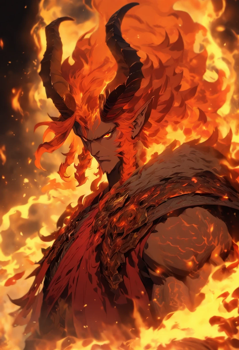 Male anime character with long fiery red hair and blonde eyes, Character Album Cover, full art, fantasy character, full art illustration, full portrait of elementalist, character profile art, official character art, official character illustration, Merlin, high detailed official artwork,A demon in armor,((red flames,Burning flames,A cloak of flame shaped like wings:1.3)),Hot hell,Fire Demon Ifrit,Wrapped in a powerful set of armor. The metal plate is decorated with an intricate design,Reminiscent of a flickering flame licked on the surface.((Devil's horn that curves backwards,Huge double horns:1.3)),((Tall monster body,Red sparks of various sizes kept oozing from his body:5 ·)),((An orange heat wave spreads around the character，Launches around the center of the character:1.3)),(8K, Best quality, tmasterpiece:1.2),\(eye detailed\),\(Facial features\),(\(Clothes detail details\)\),(long leges:1.3),full bodyesbian,(Facial focus) ,Very detailed CG unity 8K wallpaper,hugefilesize,ultra - detailed,A high resolution,absurderes,beautidful eyes,Ray traching,dramatic shadow,finely detailled,Dramatic angles,Hyper-detailing,(HEIGHT 185CM),Excellent foot-to-length ratio、With a blue axe