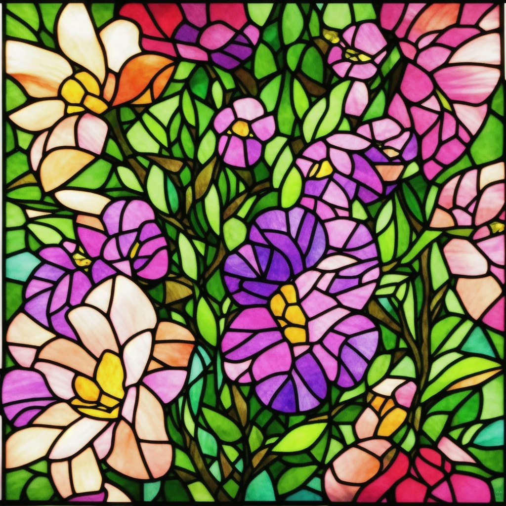 a close up of a stained glass picture of flowers, stained glass art, inspired by Louis Comfort Tiffany, by Louis Comfort Tiffany, stained glass!!, maxim verehin stained glass, stain glass, backlit stained glass, stained glass style, stained glass, hydrangea, by Kathleen Walne, by Brenda Chamberlain, stained glass window!!!!!, glass flowers, beautiful glass work