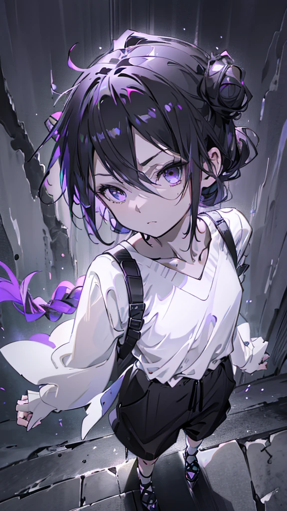 boy, thoughtful look, open forehead, black and purple hair braided into a ponytail on the left side in a bun. small curly black horns wrapped in white ribbon, pale violet eyes, short dark purple shorts. Long white t-shirt. dark purple knee socks. dark purple hooded robe. dark corridor with stairs, rays of light fall from above