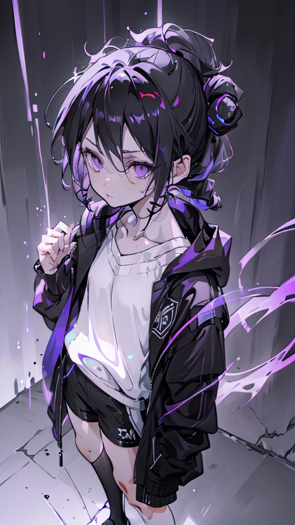 boy, thoughtful look, open forehead, black and purple hair braided into a ponytail on the left side in a bun. small curly black horns wrapped in white ribbon, pale violet eyes, short dark purple shorts. Long white t-shirt. dark purple knee socks. dark purple hooded robe. dark corridor with stairs, rays of light fall from above