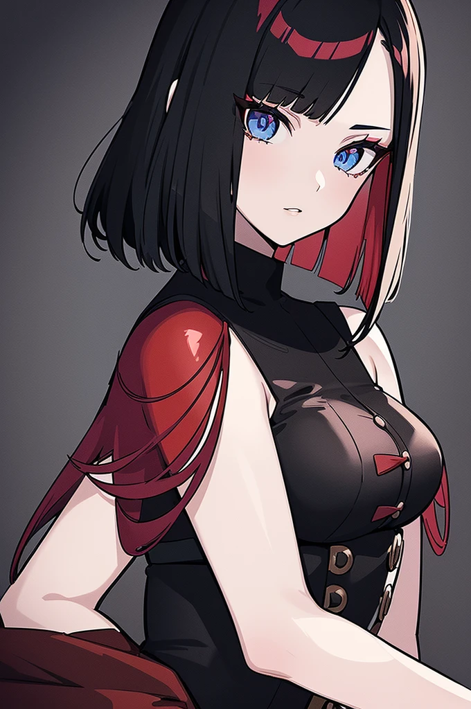 a beautiful girl with long red hair wearing a black dress, detailed facial features, bob haircut, full body illustration, woman wearing a long black and red coat, solo character, white background, anime style, highly detailed, photorealistic, 8k, best quality, masterpiece, blue eyes, short hair